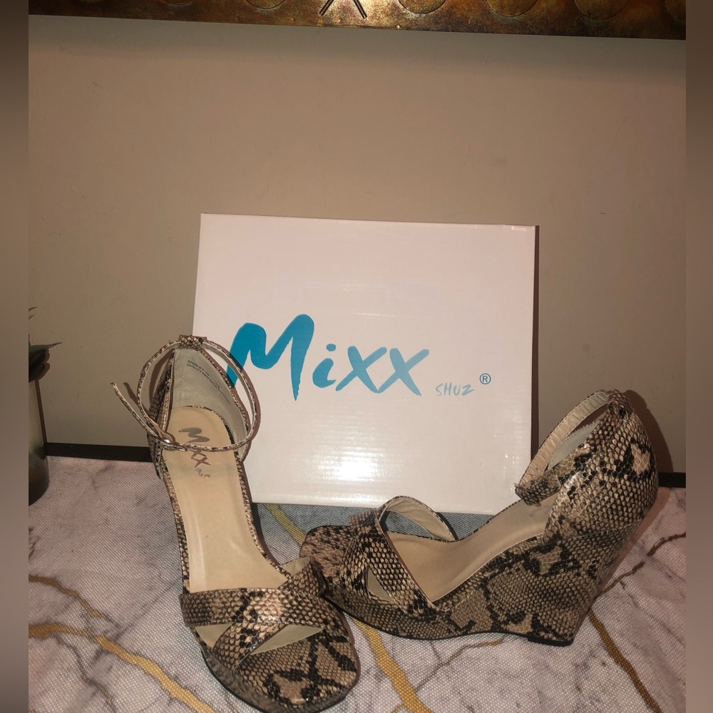 Mixx Shuz; beige and black python wedges; very cute, nice and sexy;